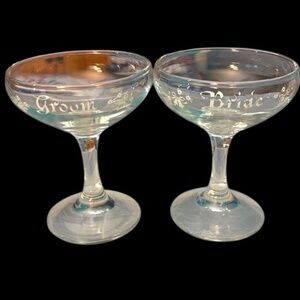 Vintage “Bride” & “Groom” Clear Champagne Coupe Glasses (Saucer Style)